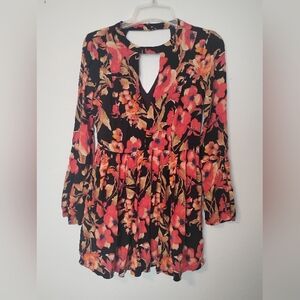 Free People Tegan Bell Sleeves Keyhole Neckline Mini Floral Dress